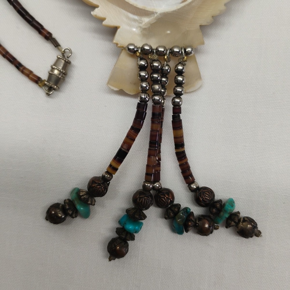 Native American Southwest Hand Carved Mother Of Pearl Eagle Turquoise Necklace - Picture 8 of 10